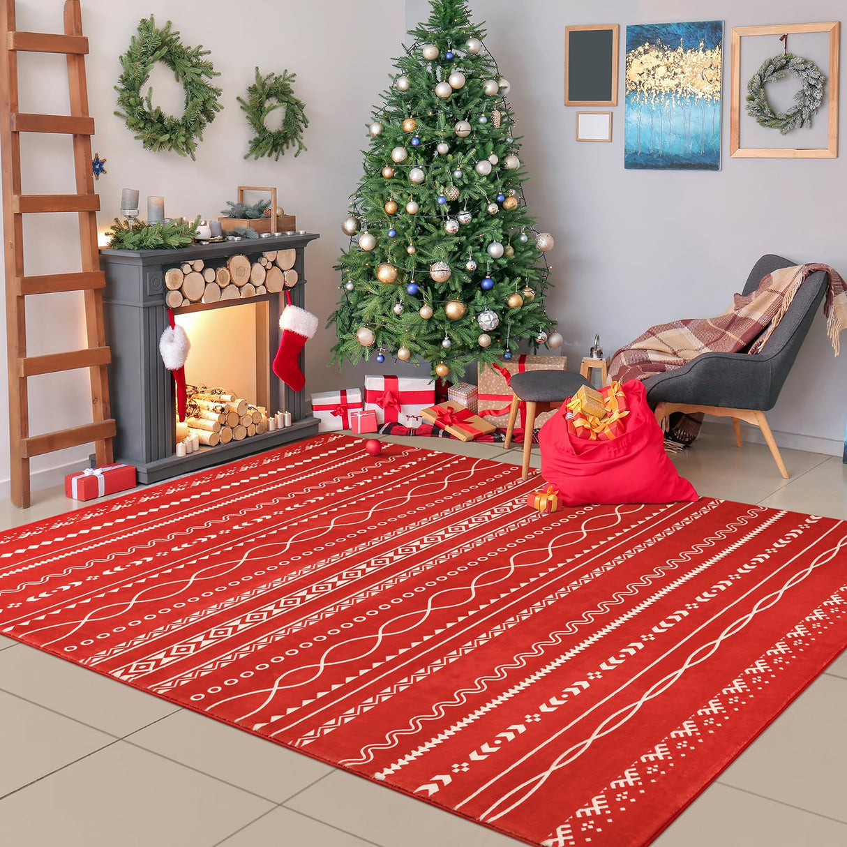 Christmas Red Rugs for Living Room 5x7 Area Rug Moroccan Neutral Carpet Non-Slip