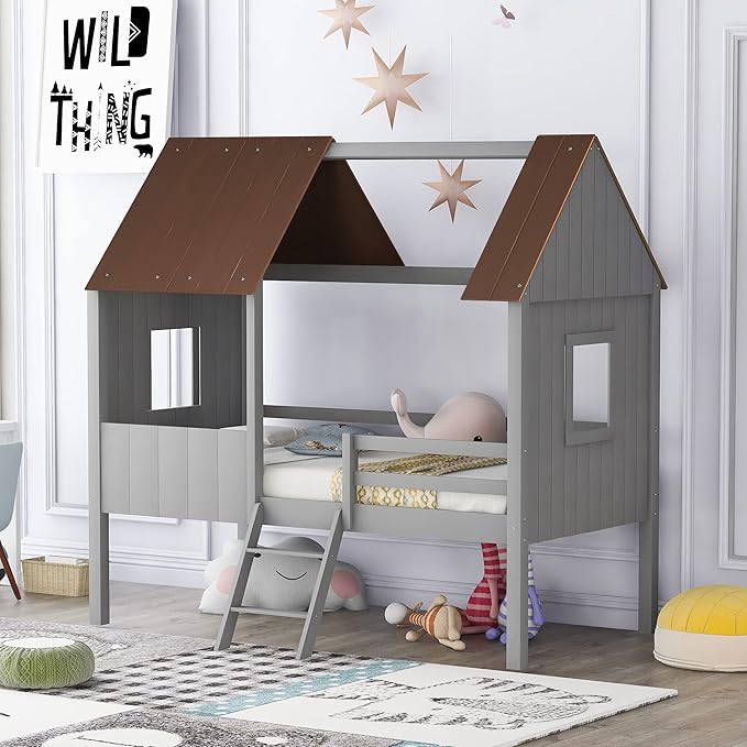 Size Low Loft Bed with Roof and Windows, Wood House Bed with Safety Fence and Two