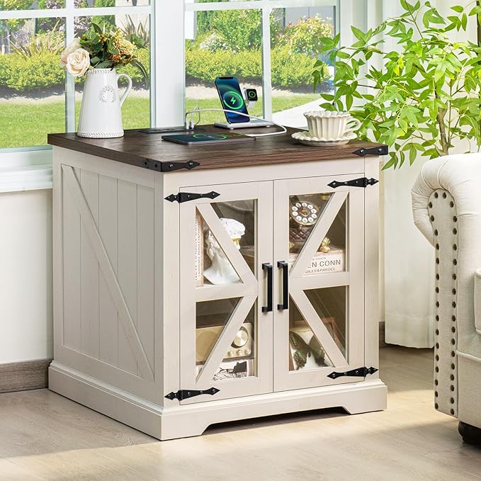 24" End Table Set of 2 with Charging Station, Farmhouse Night Stand with Glass Barn Door