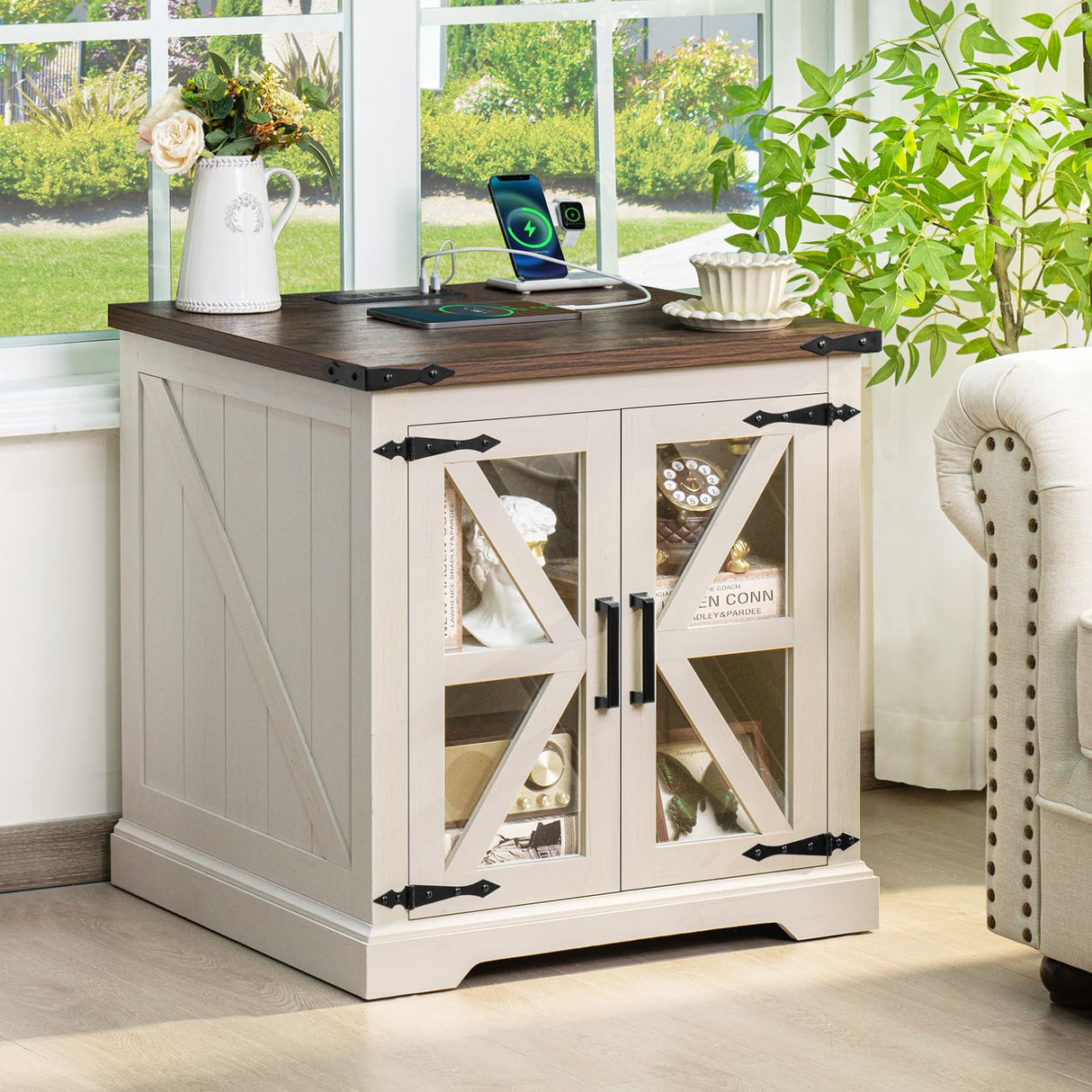 24" End Table Set of 2 with Charging Station, Farmhouse Night Stand with Glass Barn Door
