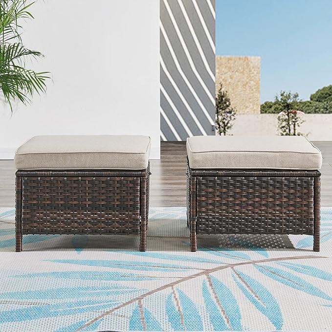 Outdoor Ottomans for Patio Set of 2 PE Wicker Steel Frame Outdoor Footstool for Patio