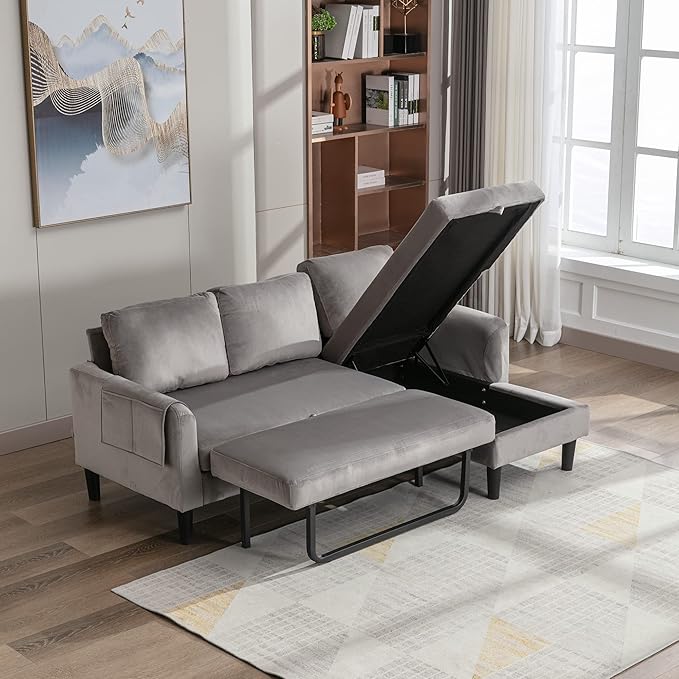 Sofa Bed with Reversible Chaise Longue, Beige Modern L-Shaped Couch