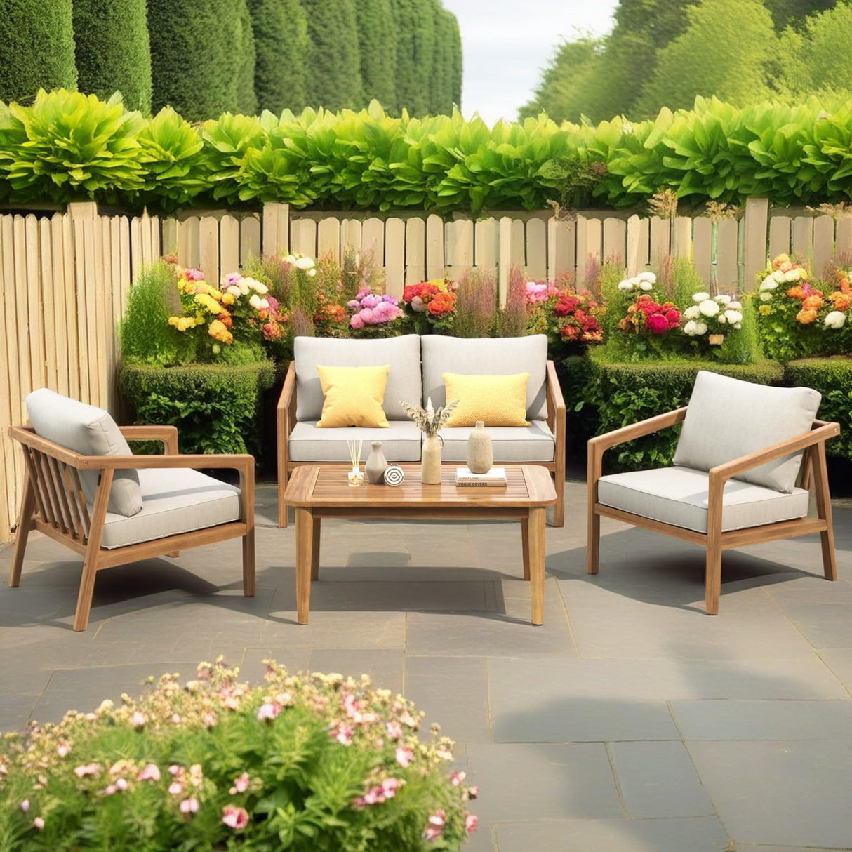 Dena Patio 4-Piece Conversation Set, Outdoor 4-Seater Acacia Wood Sofa Chat Set