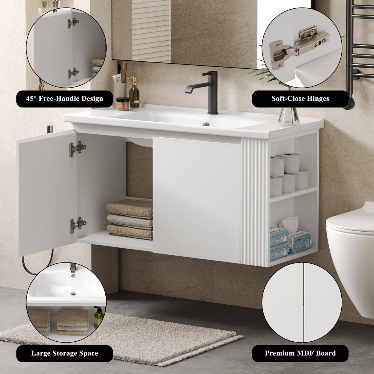 LUMISOL 36" Bathroom Vanity with Ceramic Sink, Wall Mounted Bathroom Vanity with 2 Doors & Side Open Shelves, Modern Floating Bathroom Storage Cabinet with Undermount Sink, White