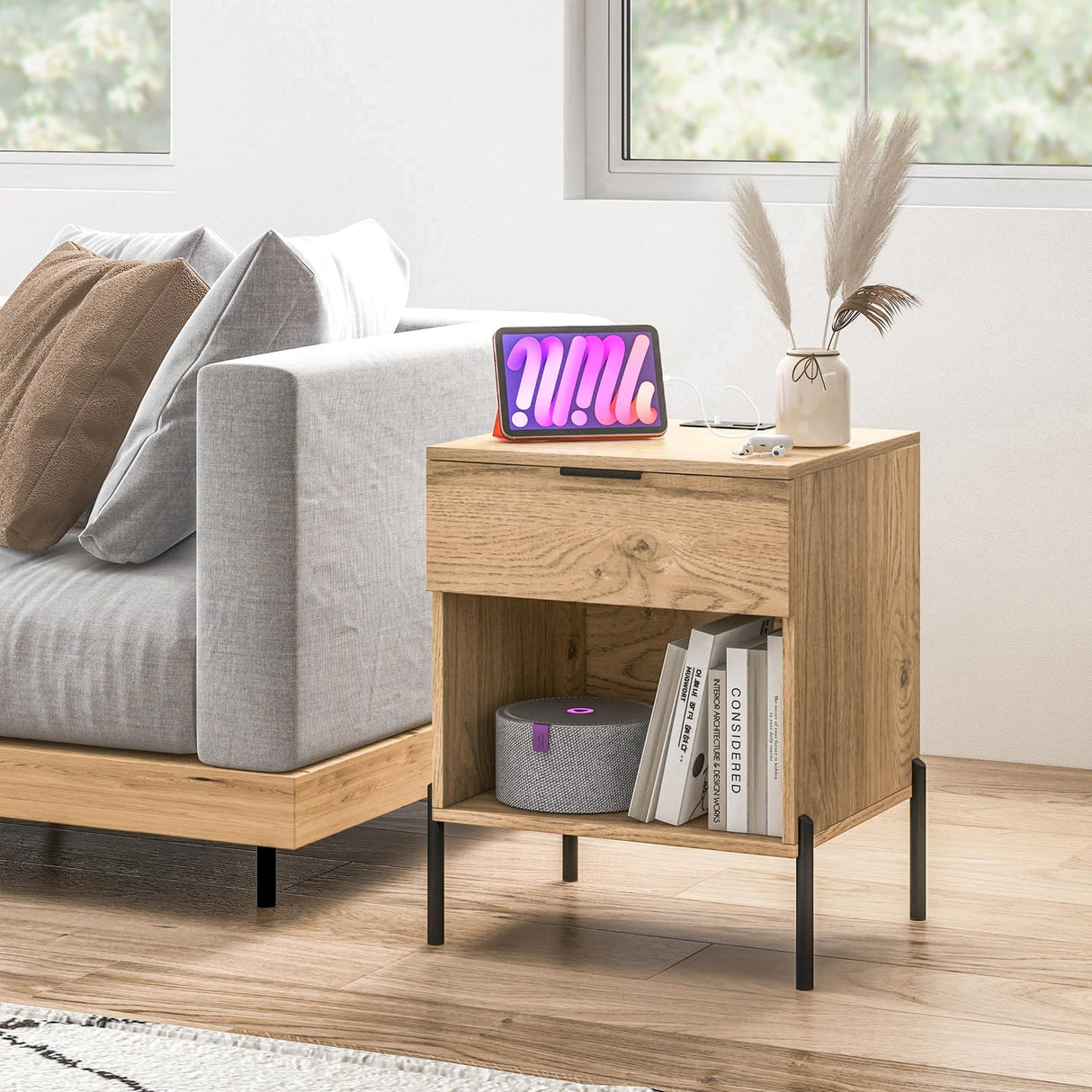 Nightstand with Charging Station, End Table Bedside Table with AC Outlet