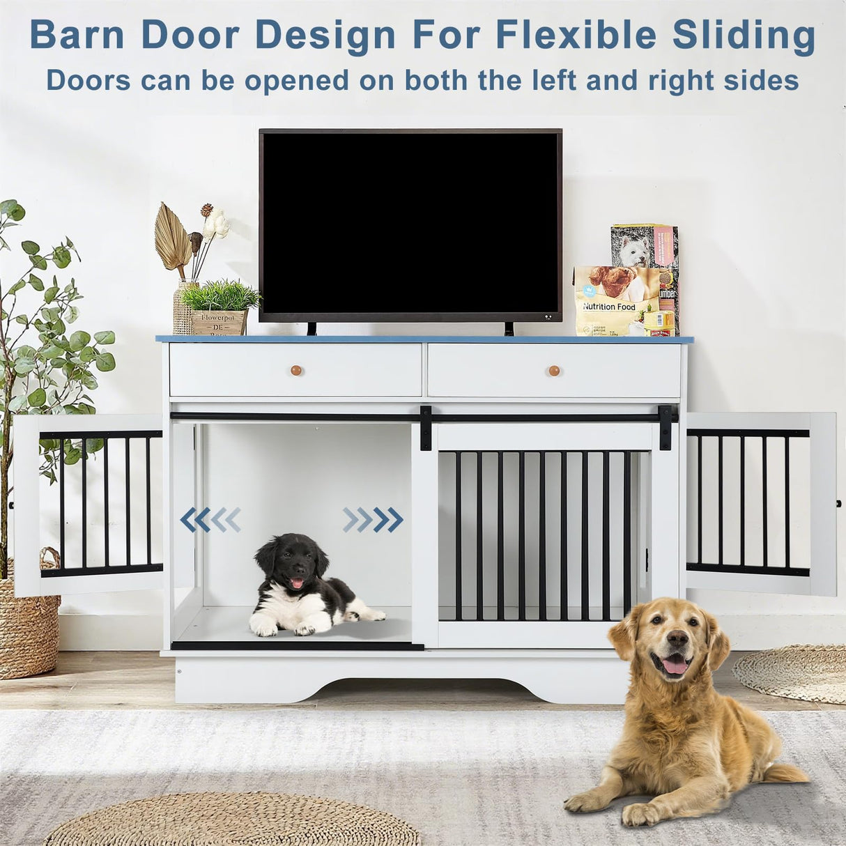 Double Dog Crate Furniture with Storage Drawers & Sliding Barn Door