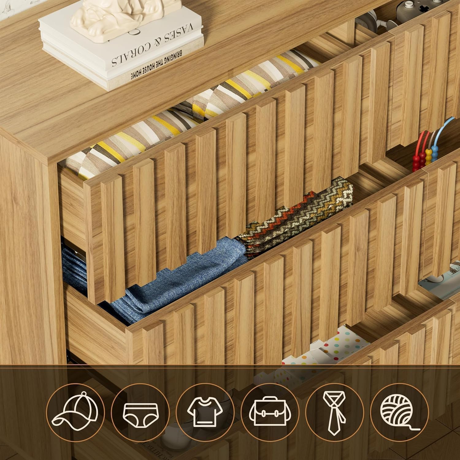 Mid Century Modern Dresser,Natural Wood Dresser for Bedroom,Fluted 9 Drawer Dresser