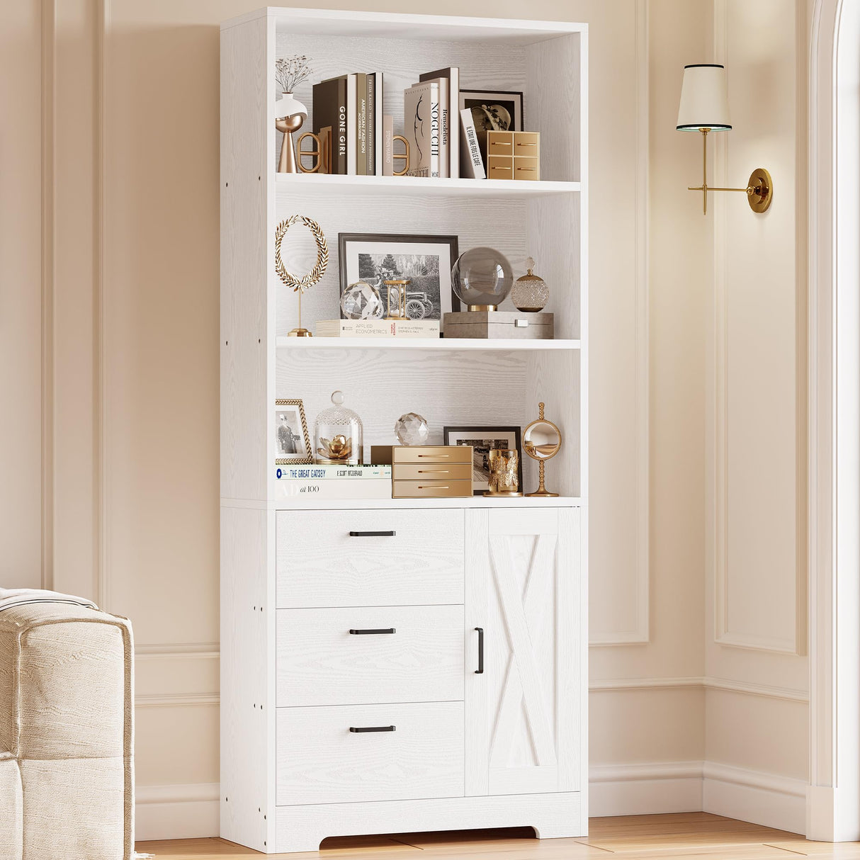 Bookshelf with Door and 3 Drawers, 71in Tall Bookcase Shelf with 3-Tier Shelves