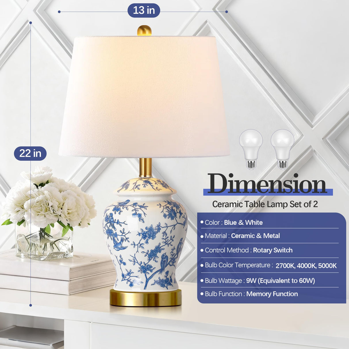Chinoiserie Ceramic Table Lamps Set of 2 - 22" Blue and White Bedside Lamps
