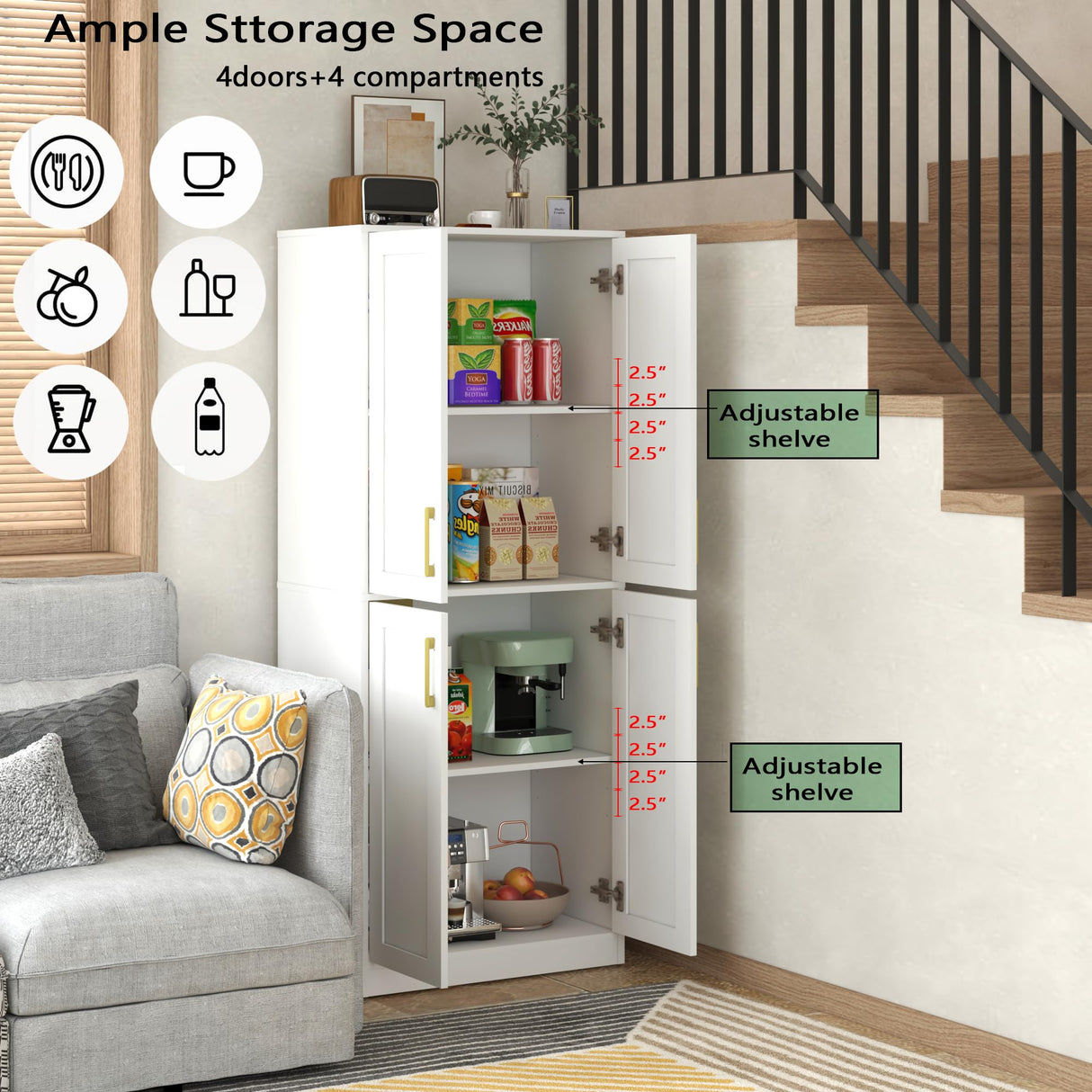 Storage Cabinet, Kitchen Cabinet with Doors & Shelf, Tall Storage Cabinet for Bathroom,