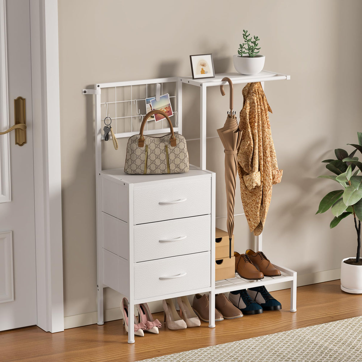 Small Dresser with Hanging Rack, Kids Dresser with 3 Drawers&4 Hooks for Grid Panel,