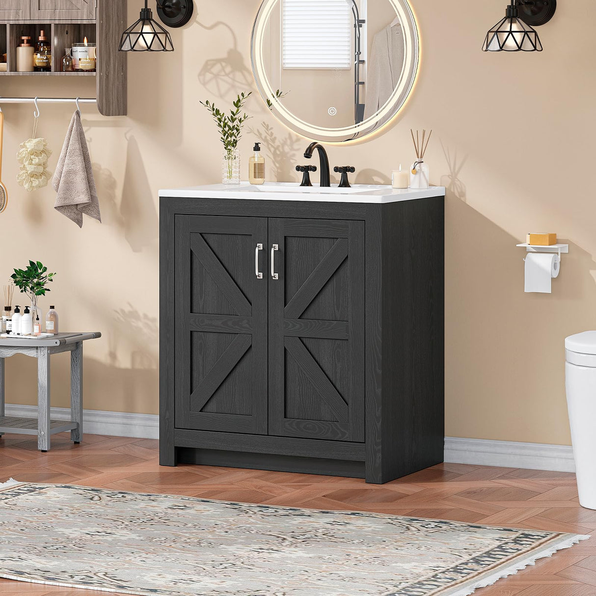 ONBRILL Farmhouse Bathroom Vanity with Sink, Freestanding Bathroom Vanities with Ceramic Basin & Soft-Close Door, Wood Storage Cabinet with Adjustable Shelf for Apartment & Small Space (Black, 30")