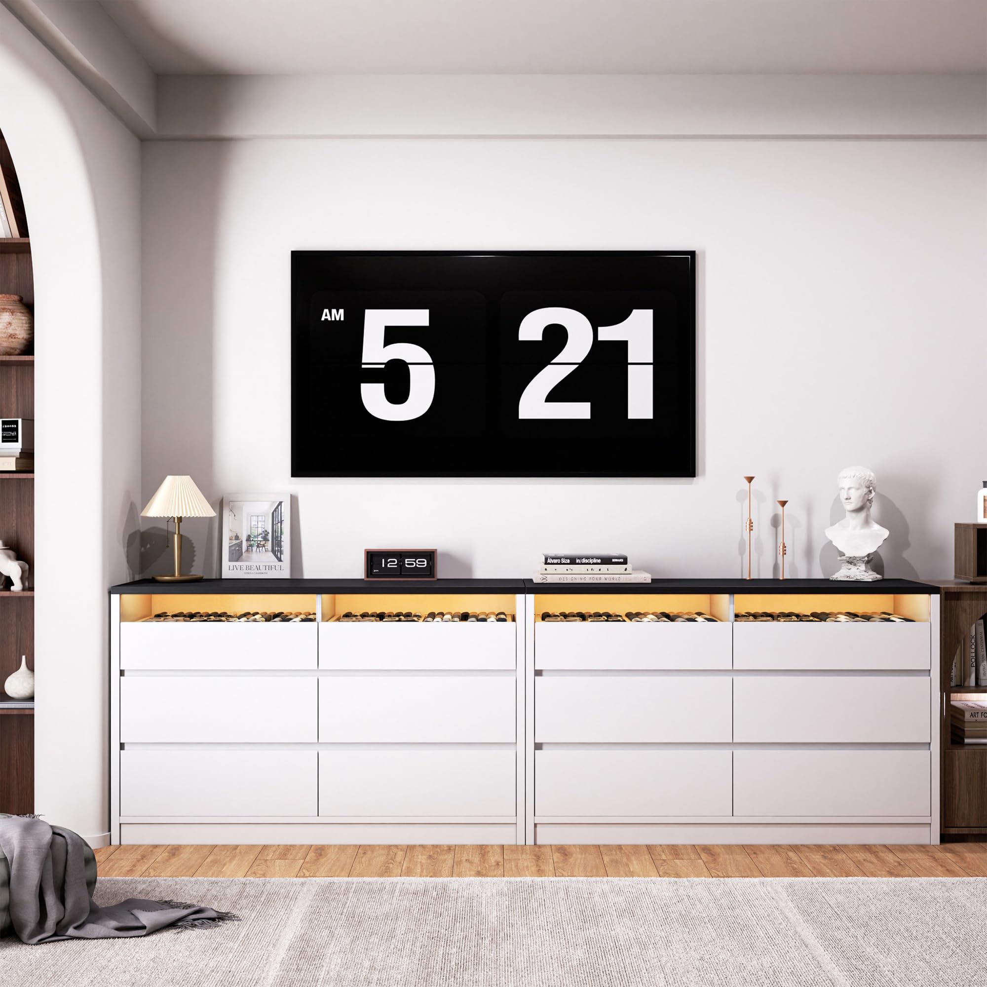 White Modern 6 Drawer Dresser for Bedroom with LED Light