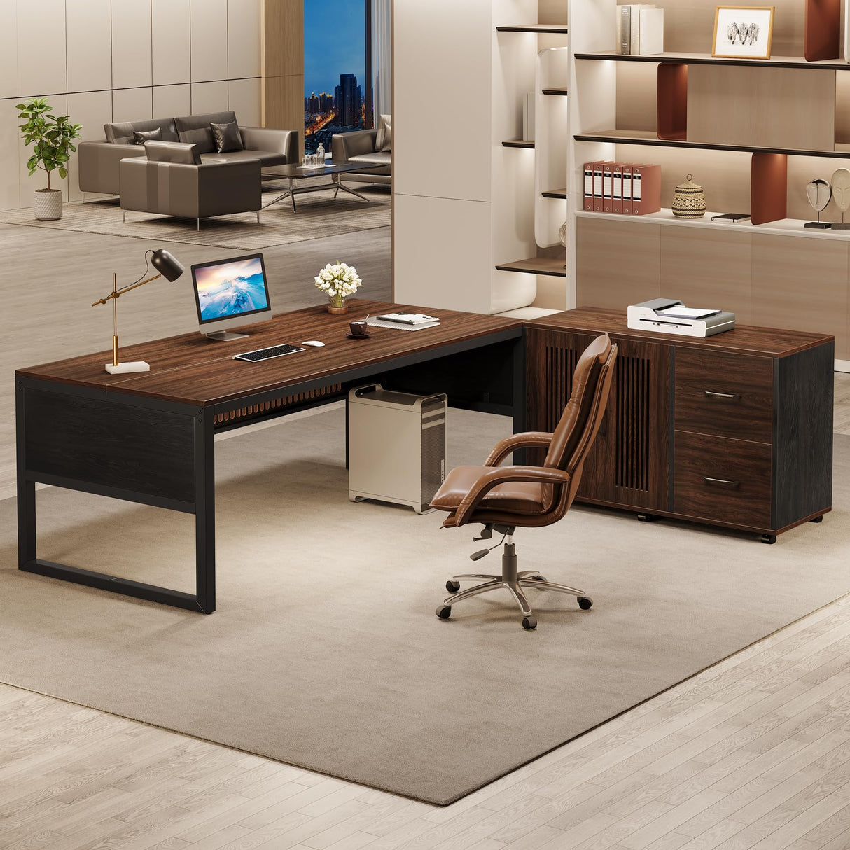 63-Inch Executive Desk, Large Office Desk with Mobile File Cabinet