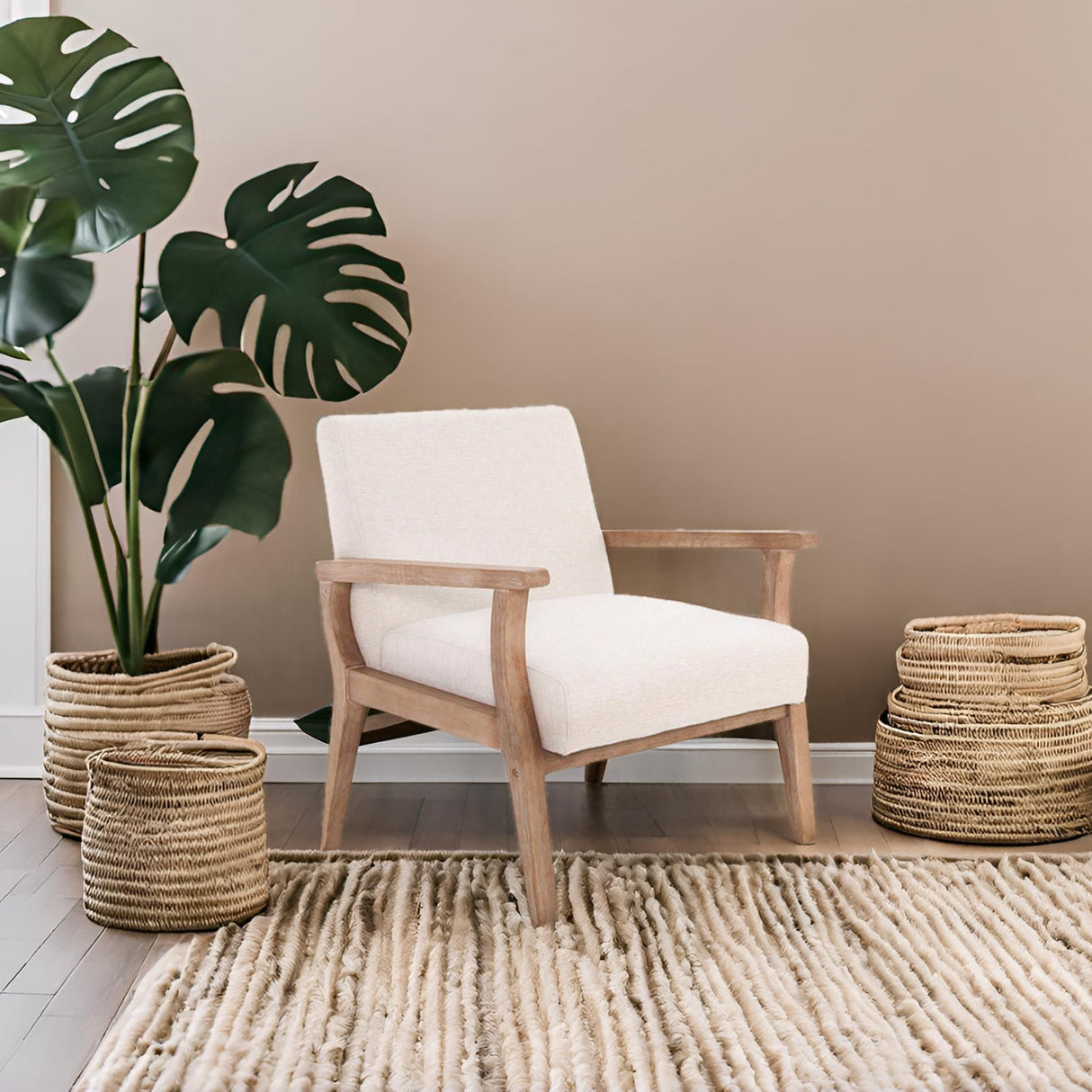 Beige Accent Chair Mid Century Modern Armchair Wood Sitting Chair Linen Fabric