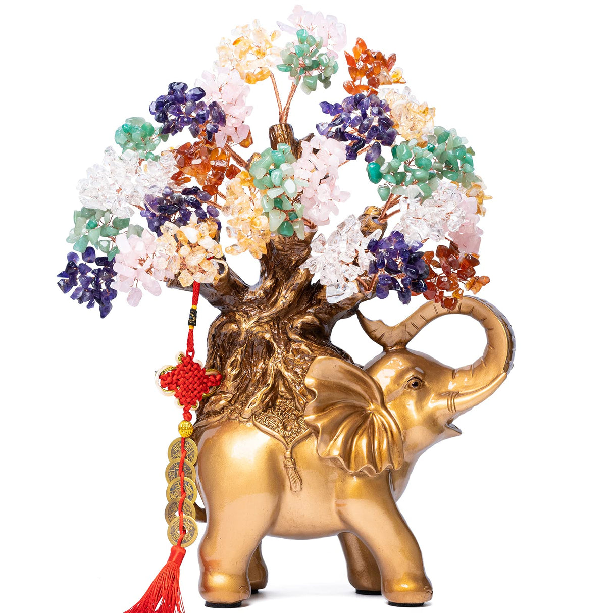7 Chakra Crystal Money Tree on Gold Elephant Statue, 17”Large Gemstone Bonsai Tree