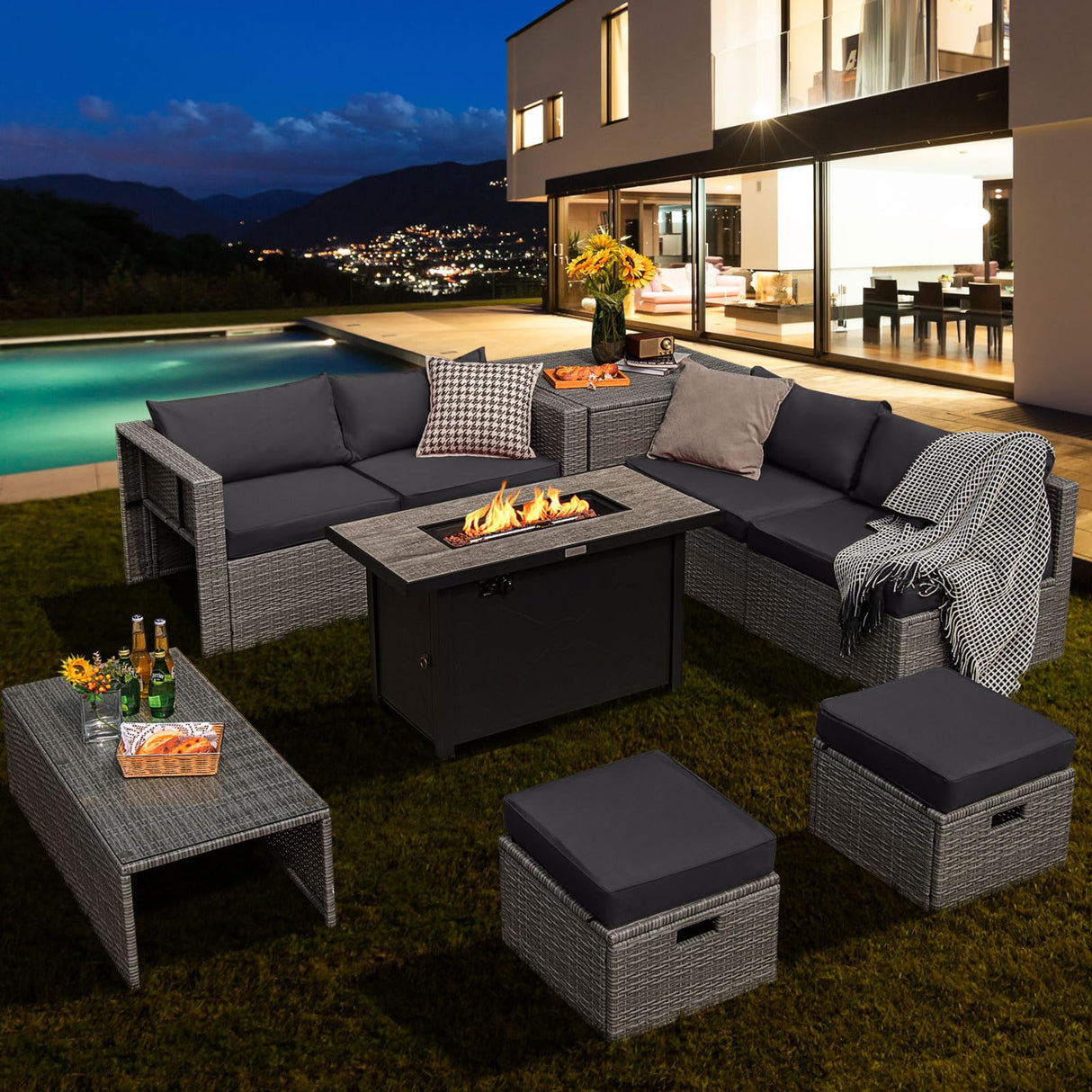 9 PCS Patio Furniture Set with 42” 60,000 BTU Fire Pit
