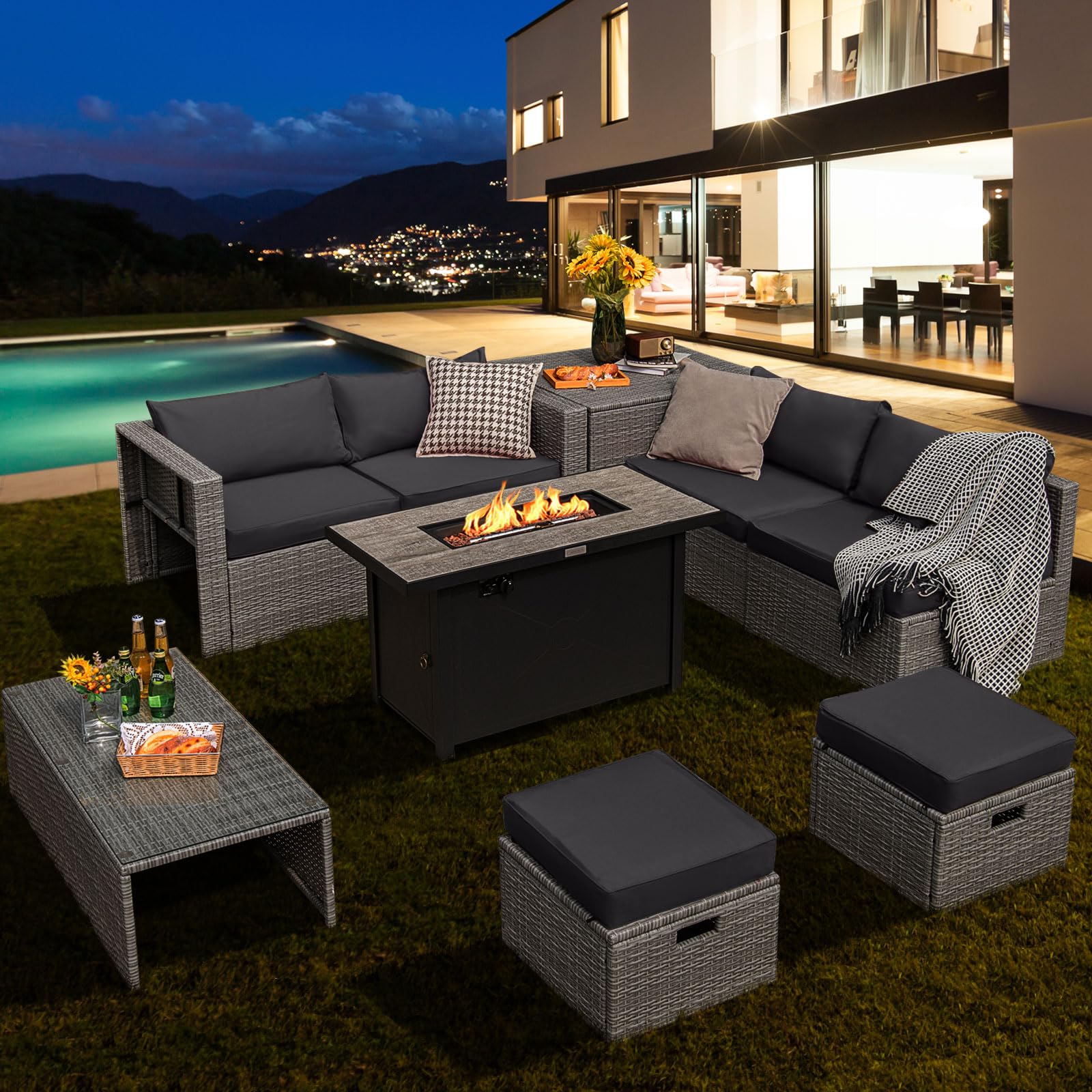 9 PCS Patio Furniture Set with 42” 60,000 BTU Fire Pit