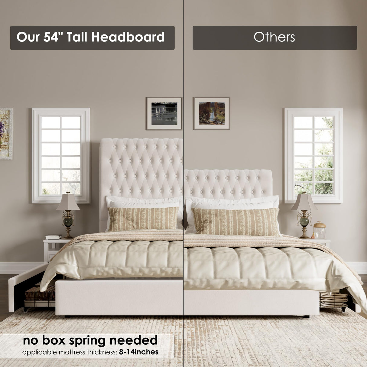 Queen Upholstered Bed Frame with Storage - 54" Tufted Headboard