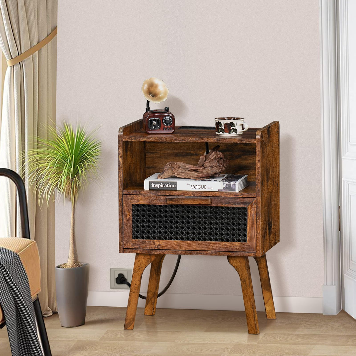 Rattan Nightstands Set of 2 with Charging Station