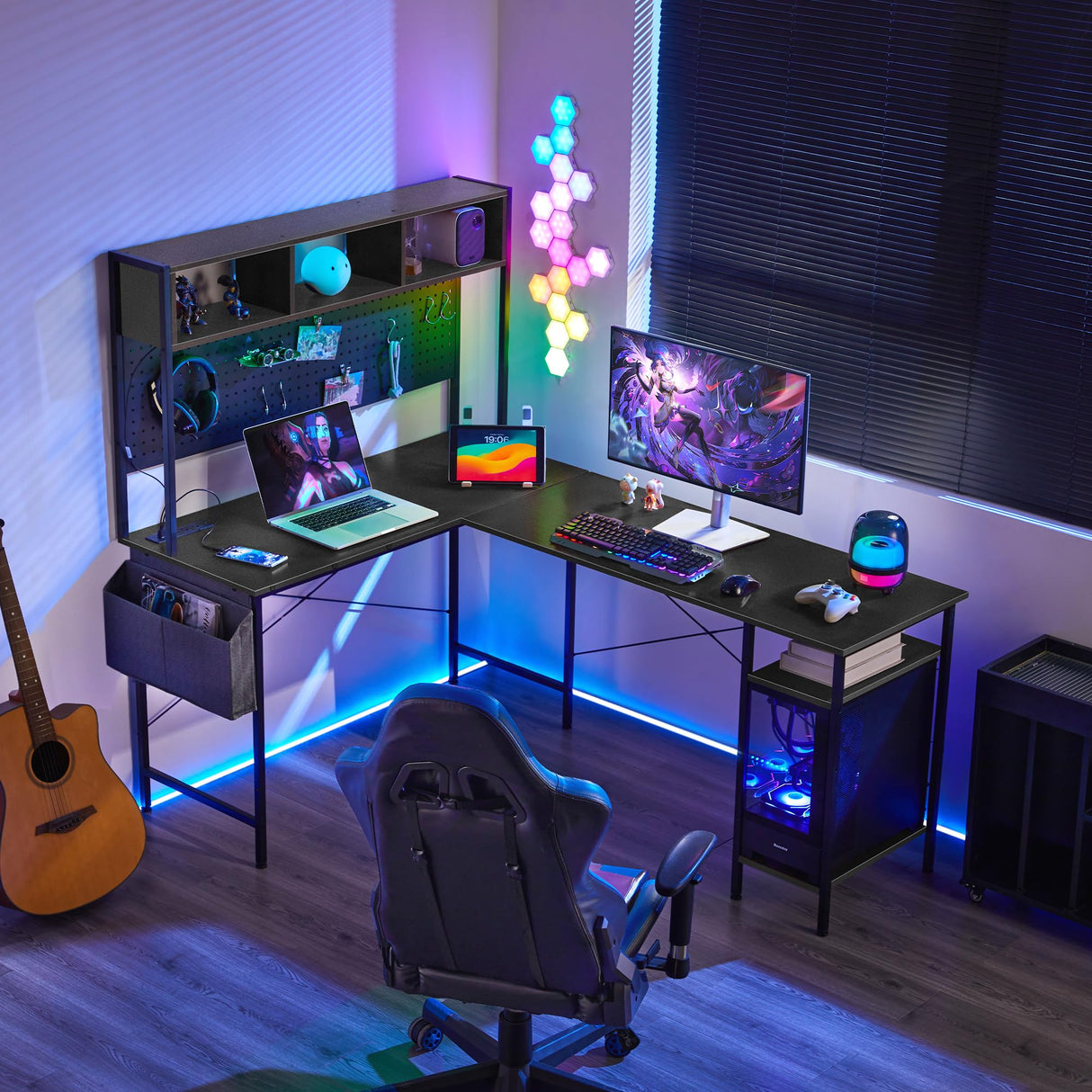 L Shaped Gaming Desk, 66 Inch Large Computer Desk with Power Outlet and Pegboard