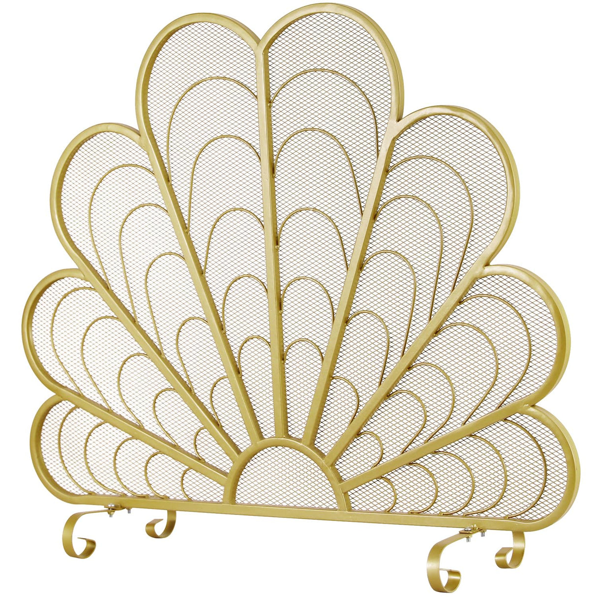 38 x 32 Inch Peacock Feather Shaped Brass-Tone Metal Fireplace Screen
