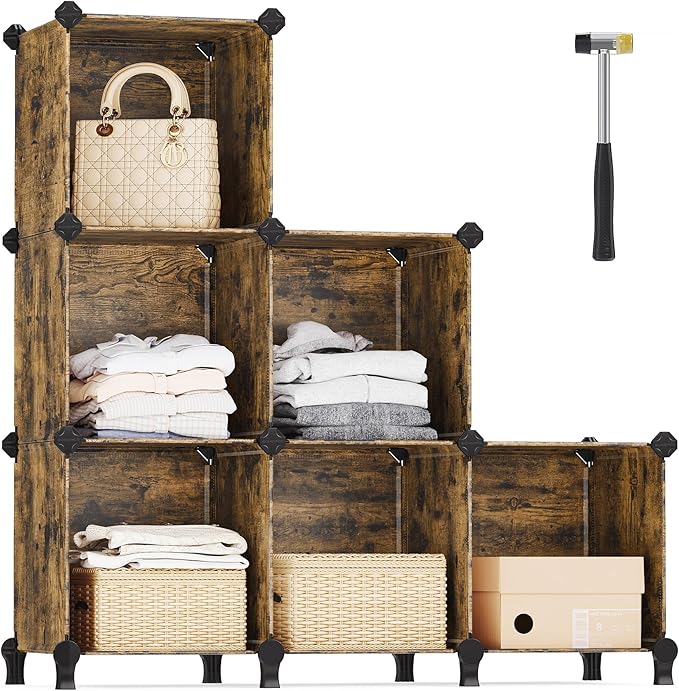6 Cube Storage Organizer, DIY Closet Shelf, Plastic Clothes Organizer, Modular Bookcase, 11.8 x 11.8 x 11.8 Inch Cubes, with Feet and Rubber Mallet, Black ULPC06H