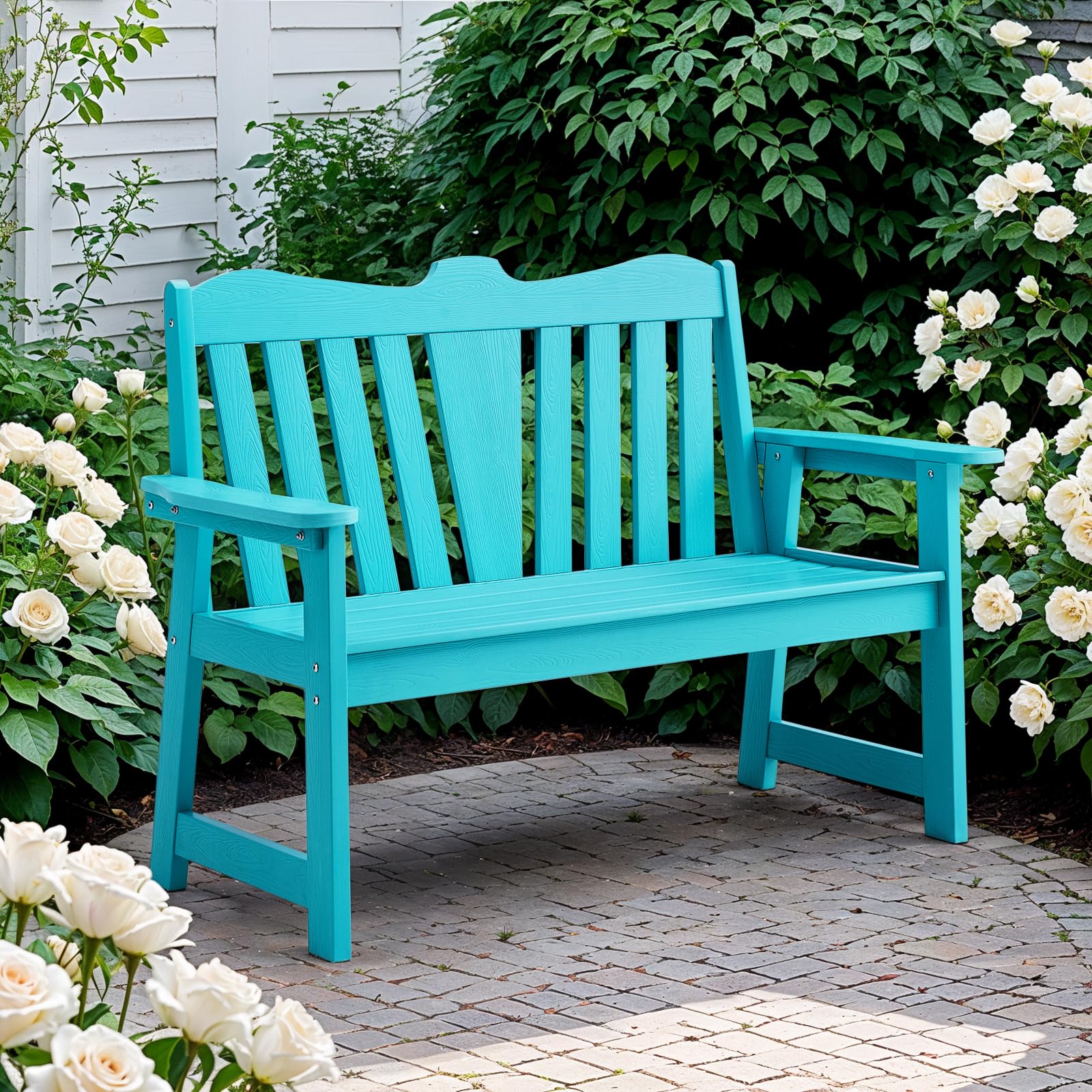 Outdoor Bench, 2-Person Weatherproof Garden Bench with Wide Armrests and Backrest