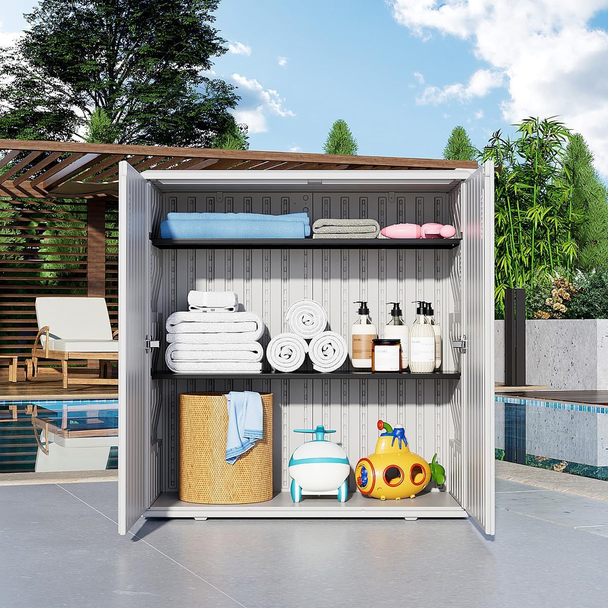 Outdoor Storage Cabinet Waterproof, Resin 60 Gallon Deck Box for Patio Furniture