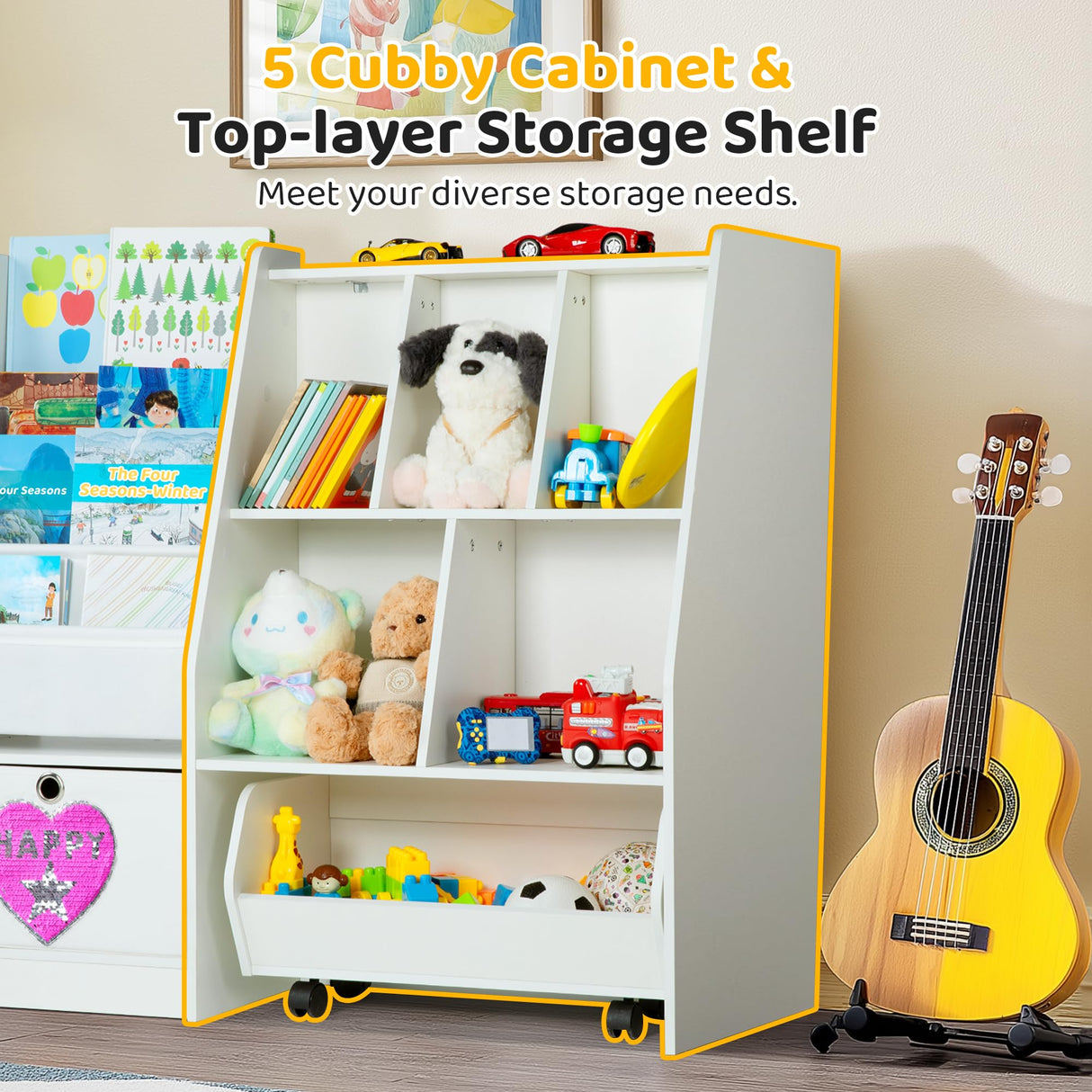 KOLIGEY Kids Bookshelf and Toy Organizer, 5-Cubby Toy Storage Cabinet with 4 Tier Wooden Bookcase, 1 Removable Toy Cabinet with Wheels for Bedroom, Living Room, Playroom, Nursery, Classroom