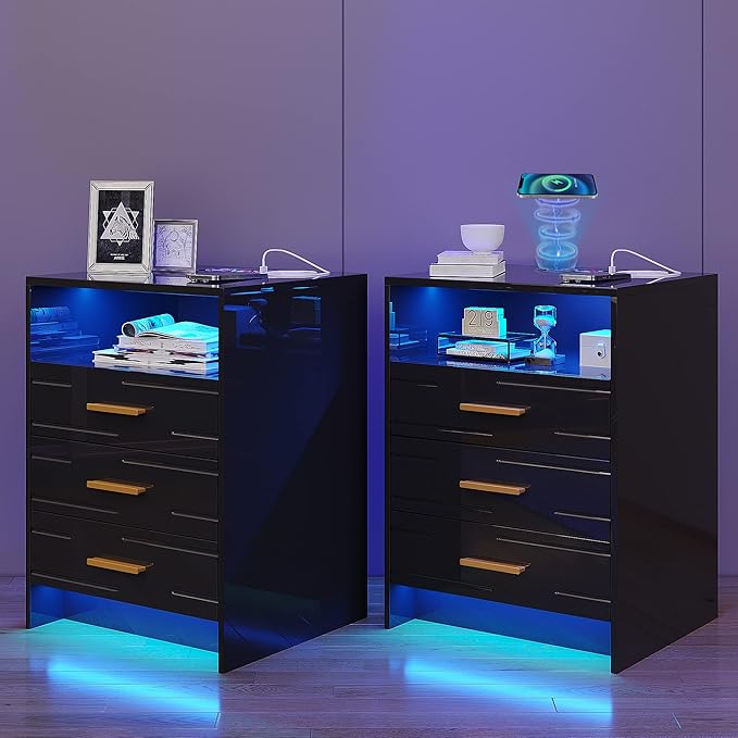 Nightstand Set of 2 with Wireless Charging Station