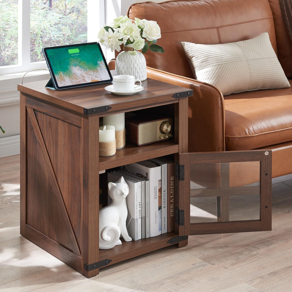 Farmhouse Nightstand with Charging Station, Rustic End Table with Tempered Glass Barn