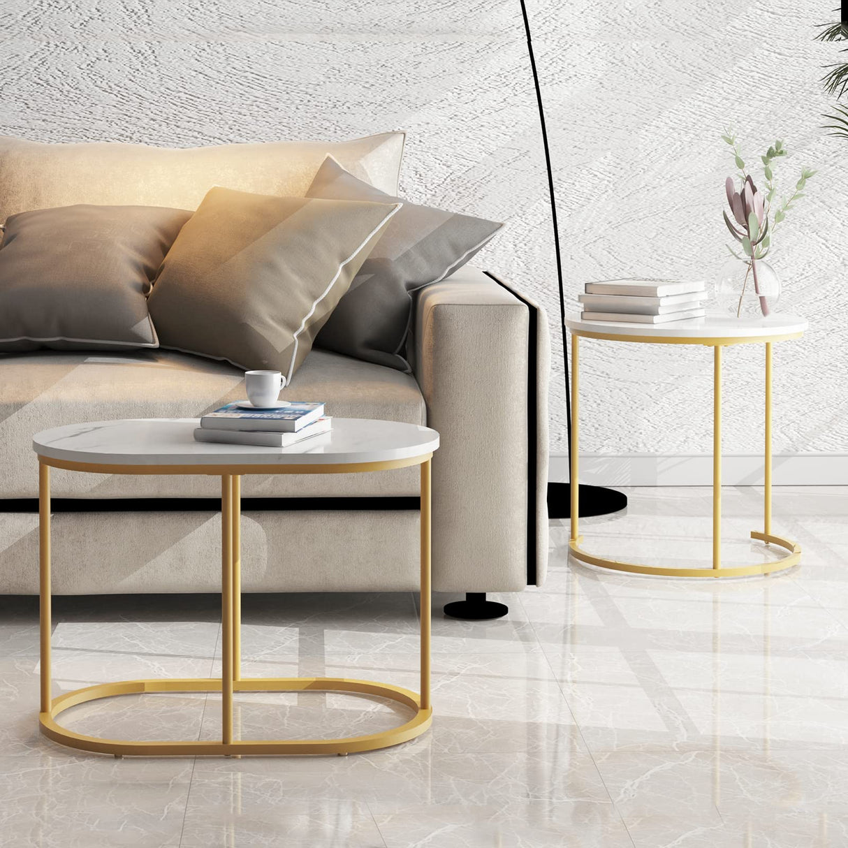 2 Piece Round Side Table Coffee Table Accent Table, Faux Marble Round Nesting Table Set of 2