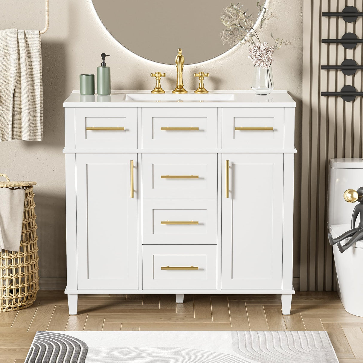 36" Bathroom Vanity with Single Sink, White Bathroom Storage Cabinet with 3 Drawers