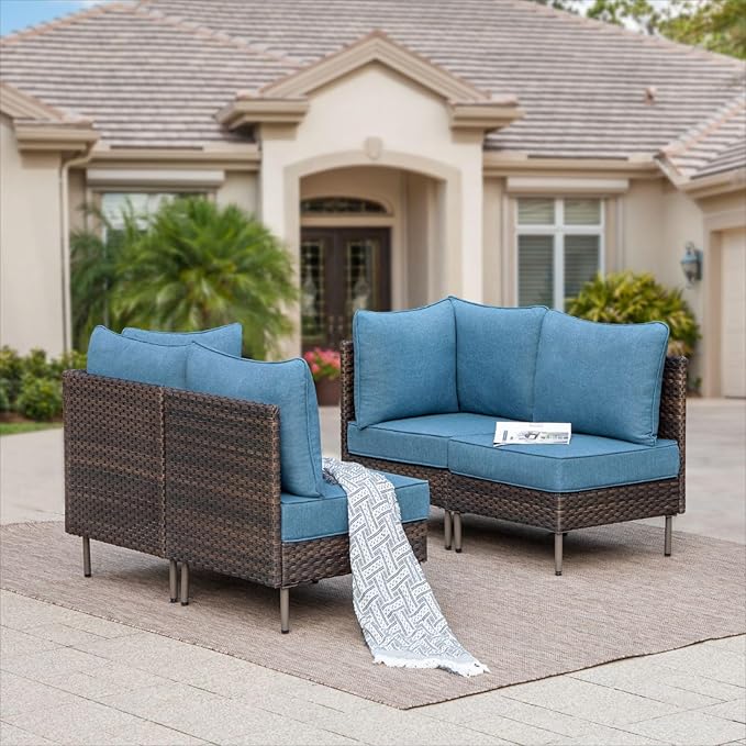 6 Piece Patio Furniture Set, L-Shaped Outdoor Sectional Wicker Patio Furniture