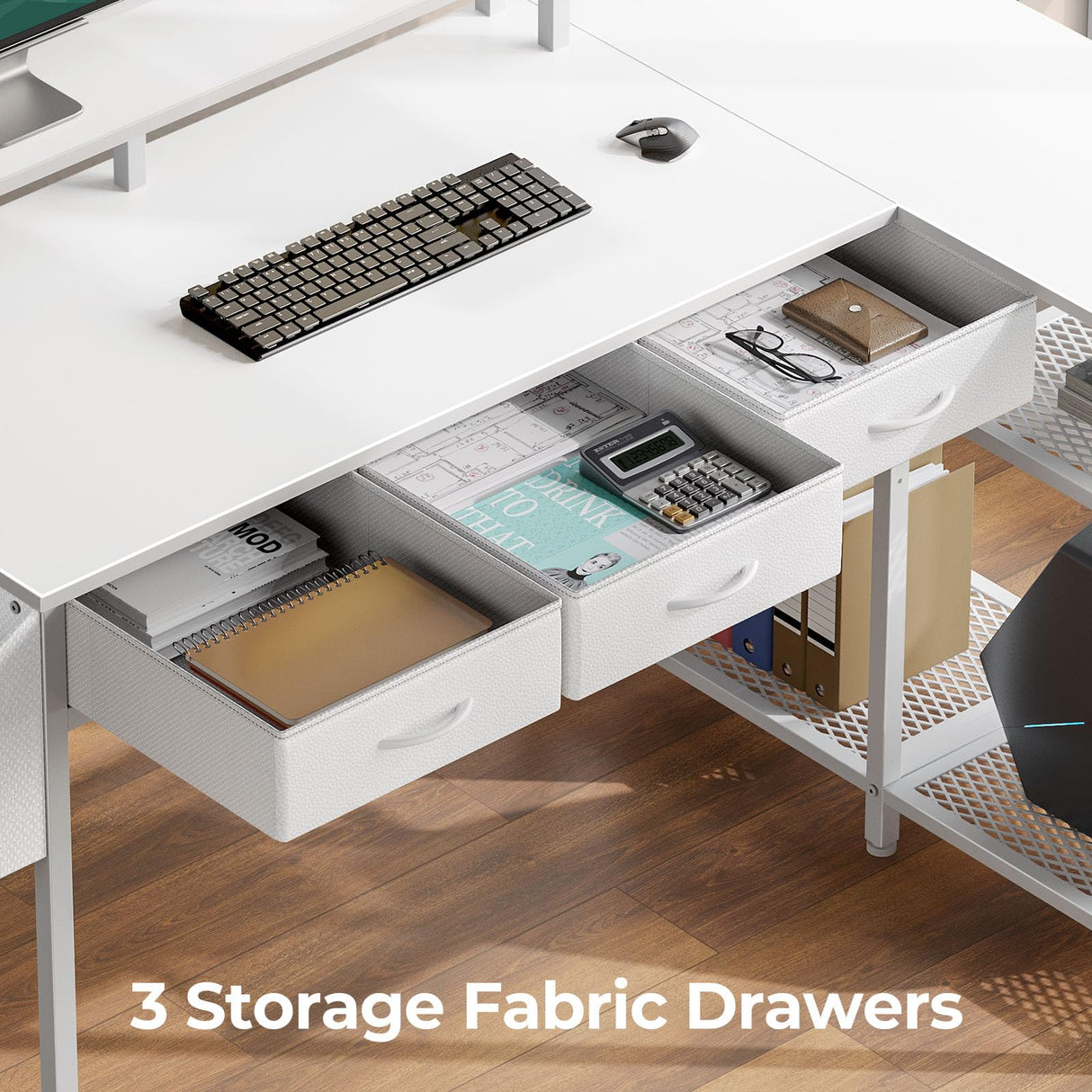 L Shaped Desk with Storage Drawers, 47 inch Gaming Desk with Shelves