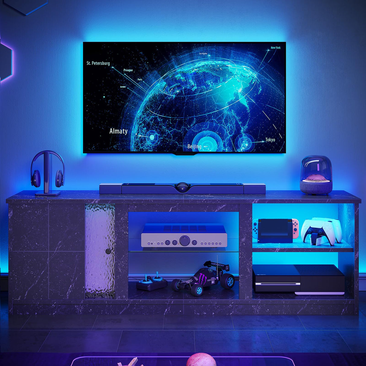 63-Inch LED TV Stand for 70/55/65 Inch TV, Black Gaming Entertainment Center