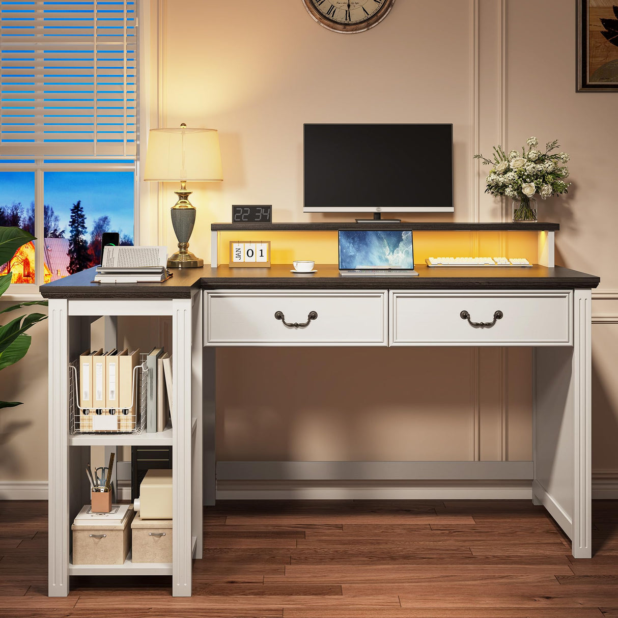 Computer Desk, L Shaped Desk with Drawers, Office Desk with Long Monitor Stand,