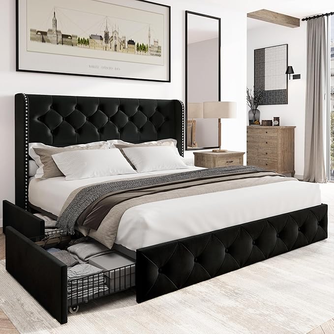 Bed Frame King Size Upholstered Platform Bed with Storage Drawers