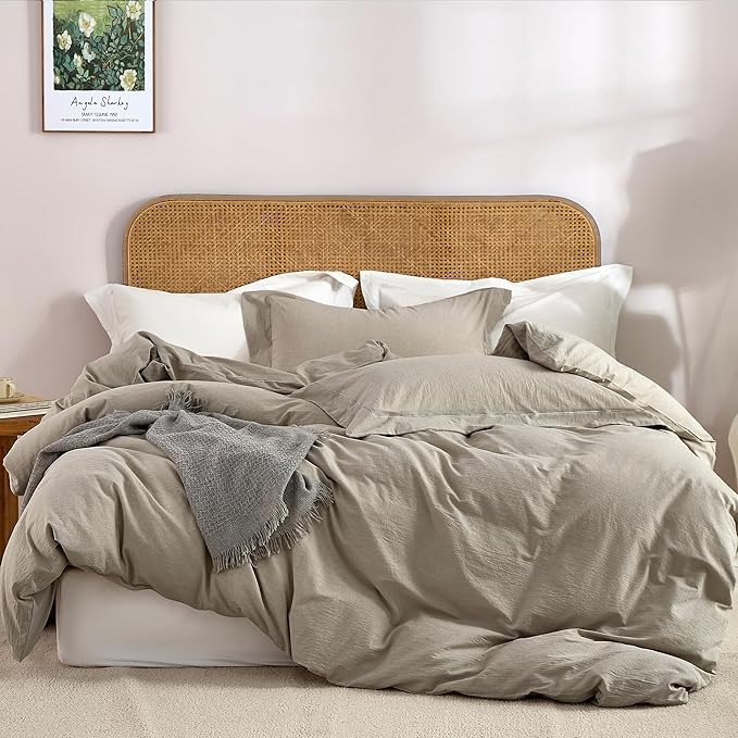 100% Washed Cotton 3 Pieces Blue Duvet Cover Queen Size - Linen Like Textured Breathable Comforter Cover with Pillow Shams (Blue, 90"x90")