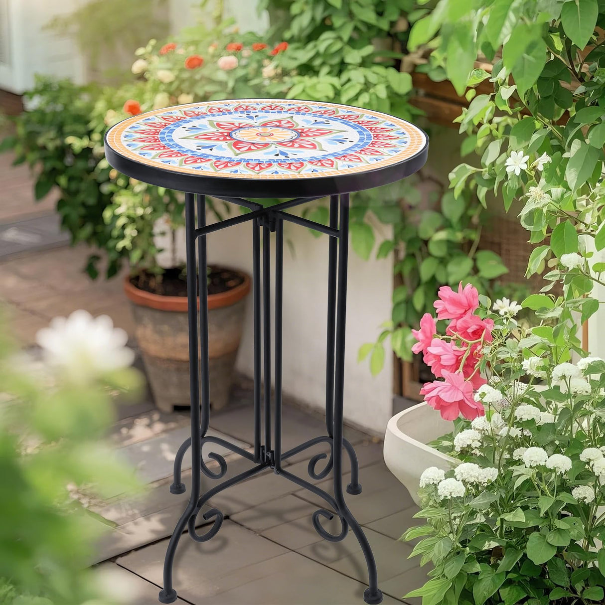 Mosaic Outdoor Side Table, Round Rustproof Patio Tables with 14" Ceramic Tile Top