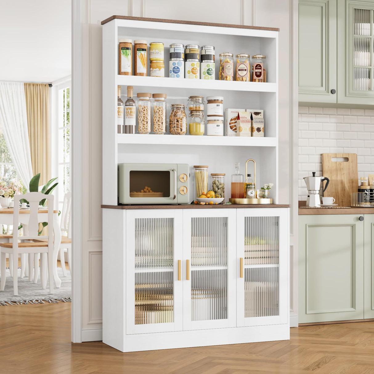 Tall Storage Cabinet, 73" Kitchen Pantry Cabinet with Doors, Kitchen Cupboard Open Shelf, 5 Tier Tall Bookcase with Storage for Living Room, Kitchen, White