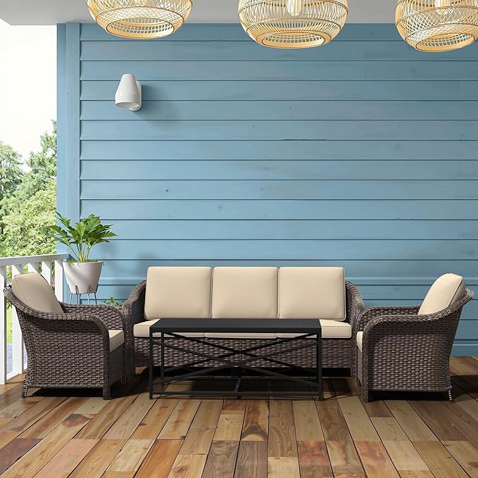 4 Pieces Outdoor Patio Conversation Furniture Set - Rattan Wicker Loveseat Sofa | 78" 3-Seat Couch | 2 Chairs | Metal Coffee Table, Washable Cushions, Garden, Deck, Terrace (Navy)