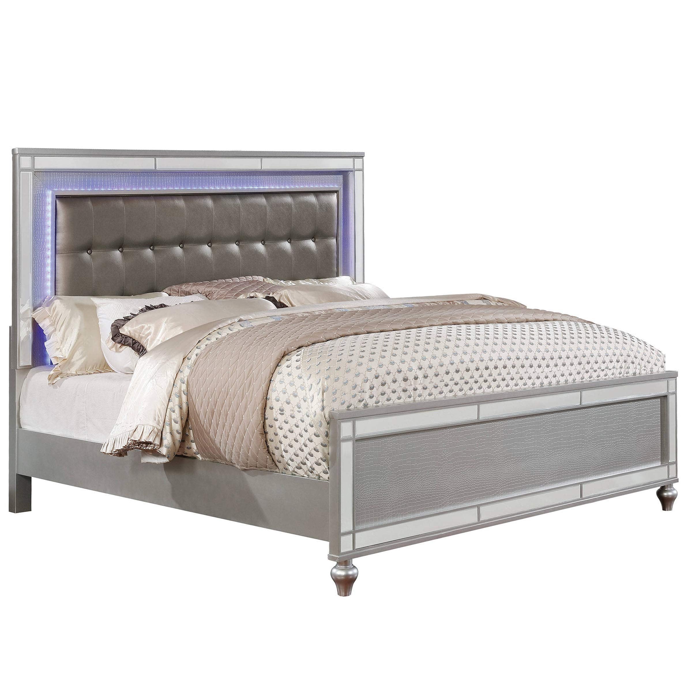 Benjara Contemporary Button Tufted Eastern King Bed with Ornate Bun Feet, Silver