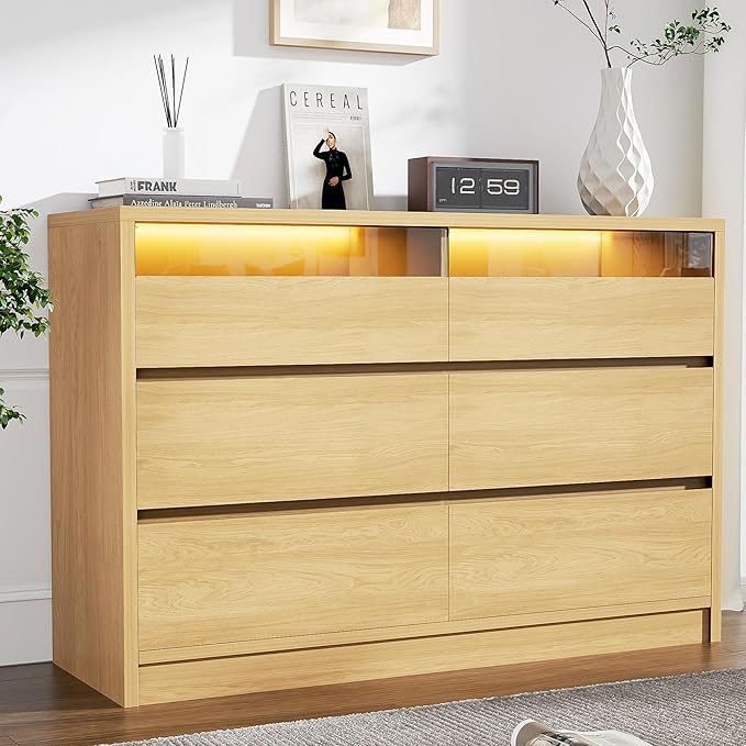 White Modern 6 Drawer Dresser for Bedroom with LED Light