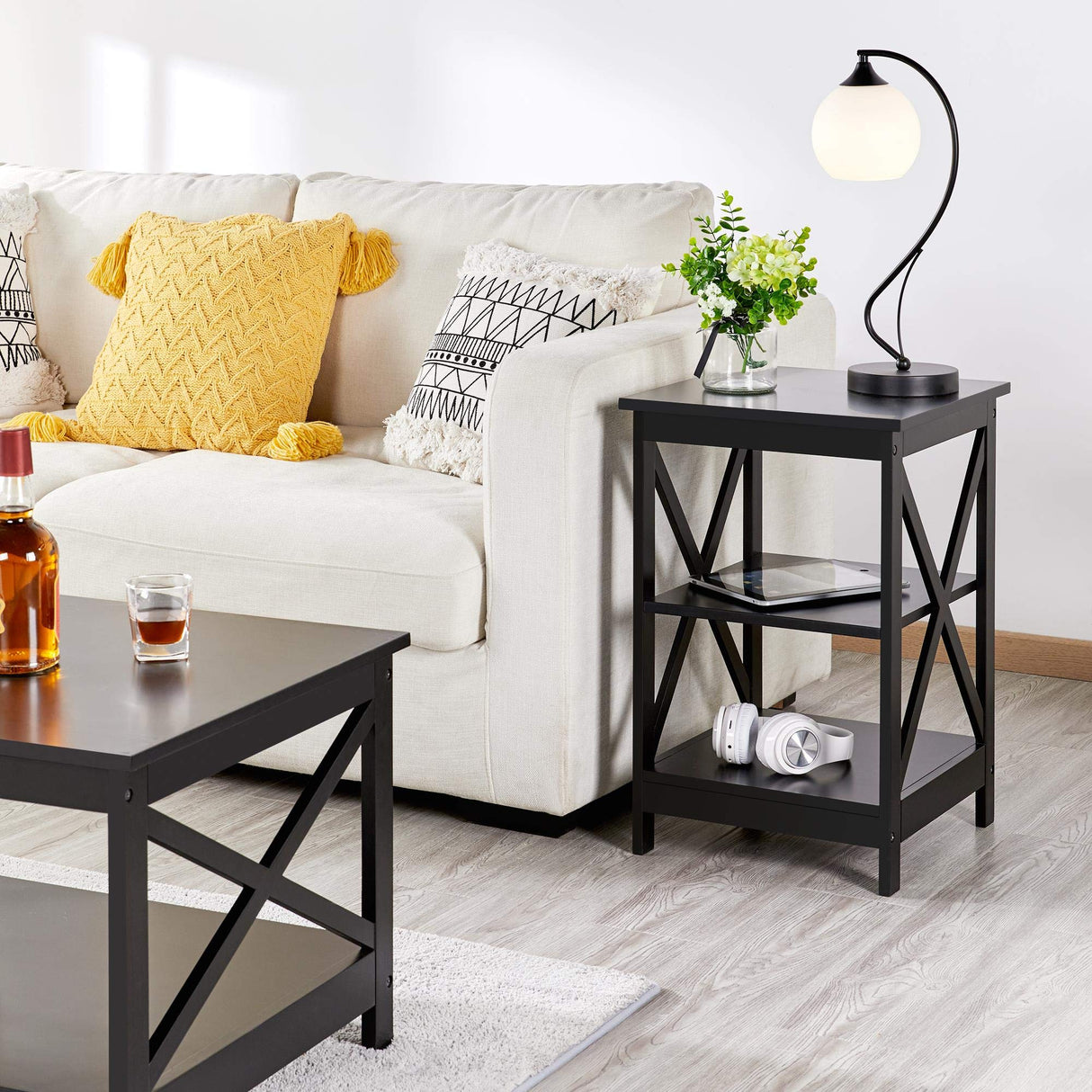 Wood Living Room 3-Piece Table Sets - includes X-Design Coffee Table & Two 3-Tier End