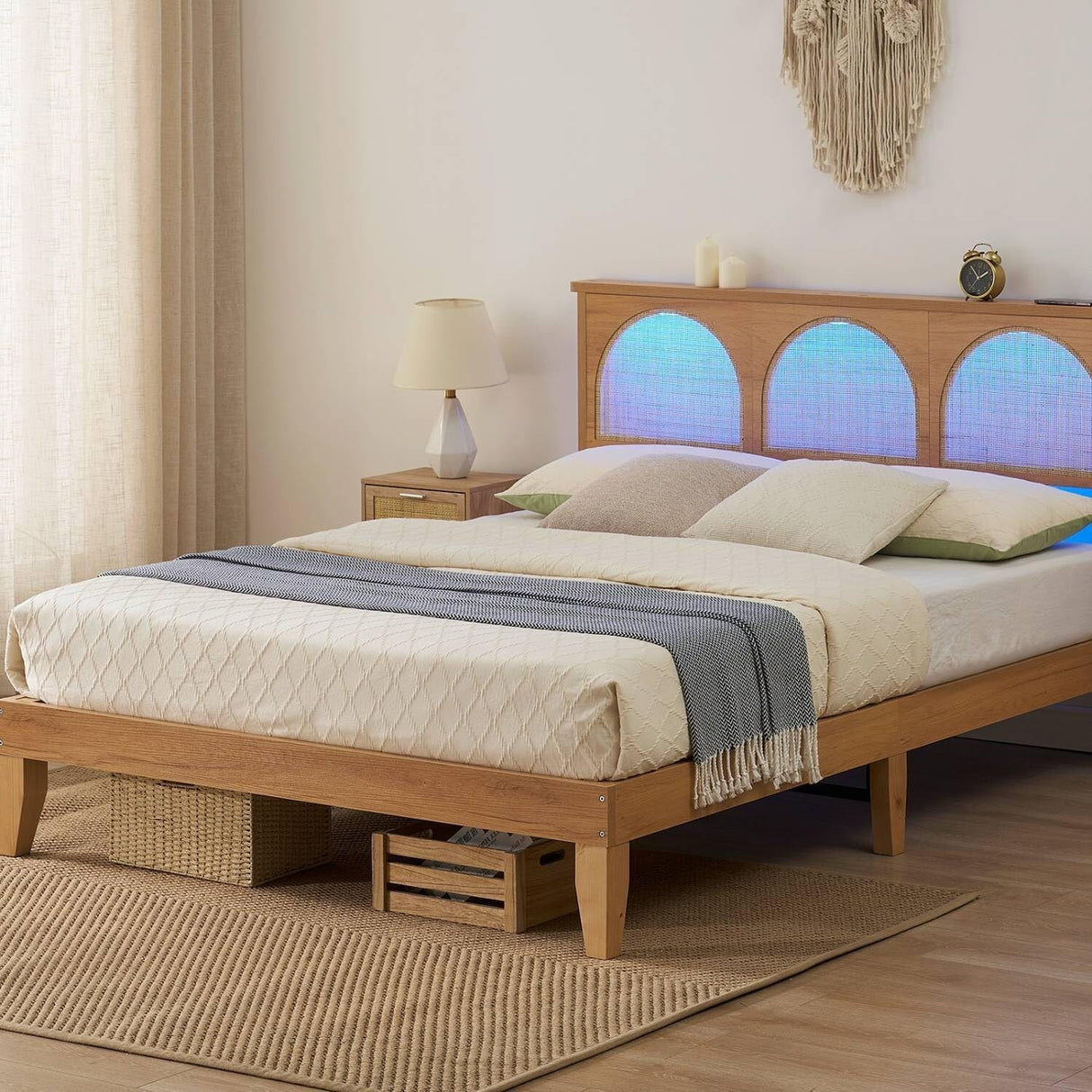 Natural Bed Frame with LED Lights Headboard Full