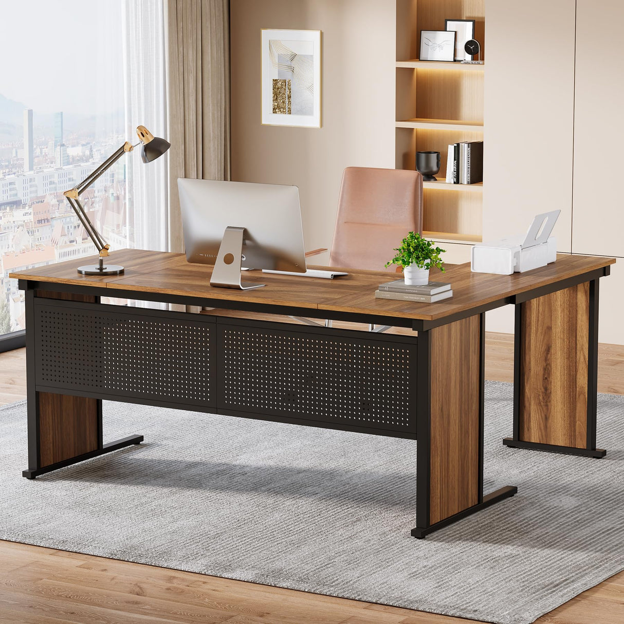 63" L-Shaped Executive Desk, Large Office Desk with Front Baffle, Modern Computer Desk Workstation Business Furniture for Home Office, Walnut & Black
