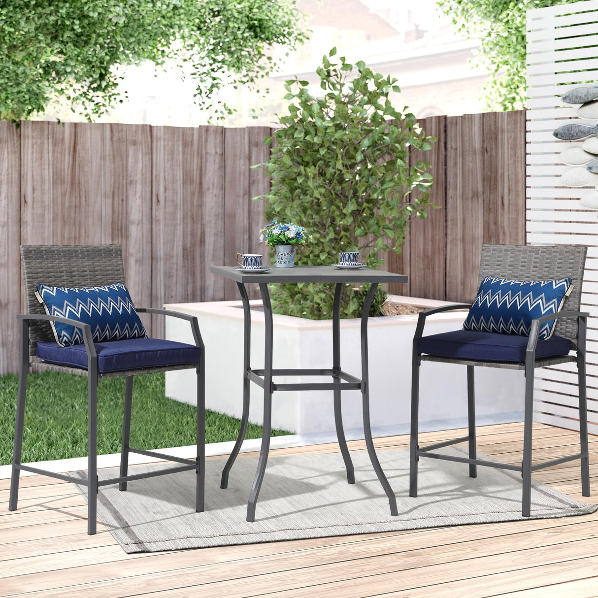 JOIVI 3 Piece Patio Bar Set, Outdoor Wicker Counter Height Bar Stools and Wood Top Table Set for 2 People, Bar Height Table Bistro Set with 2 Bar Chairs and Cushions for Backyard, Balcony