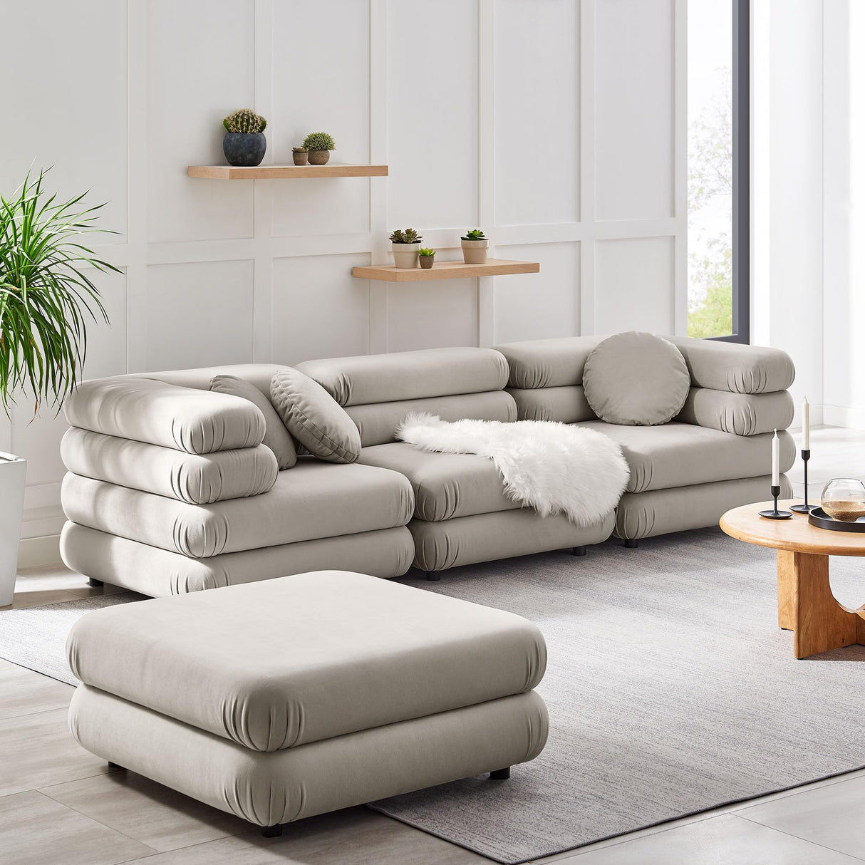 Jubilee Performance Velvet 4 Piece Sectional Sofa with Ottoman in Almond